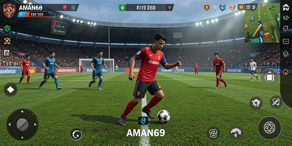 Tampilan gameplay seru dan dinamis AMAN69 yang menggambarkan aksi sepak bola.