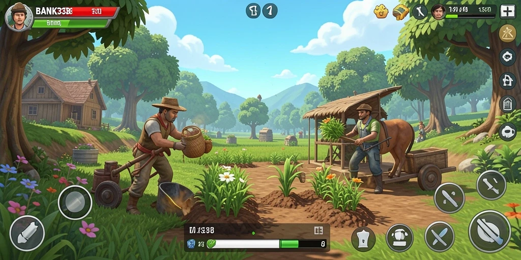 Tampilan gameplay BANK338 yang menarik dengan kebun yang indah.