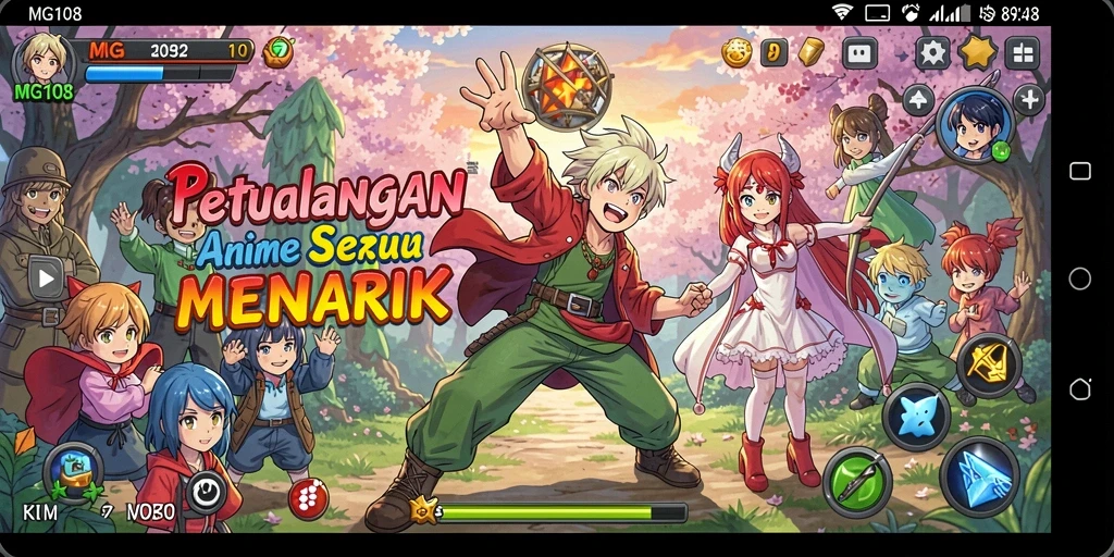 Tangkapan layar gameplay MG108 yang menampilkan petualangan seru di dunia Anime.