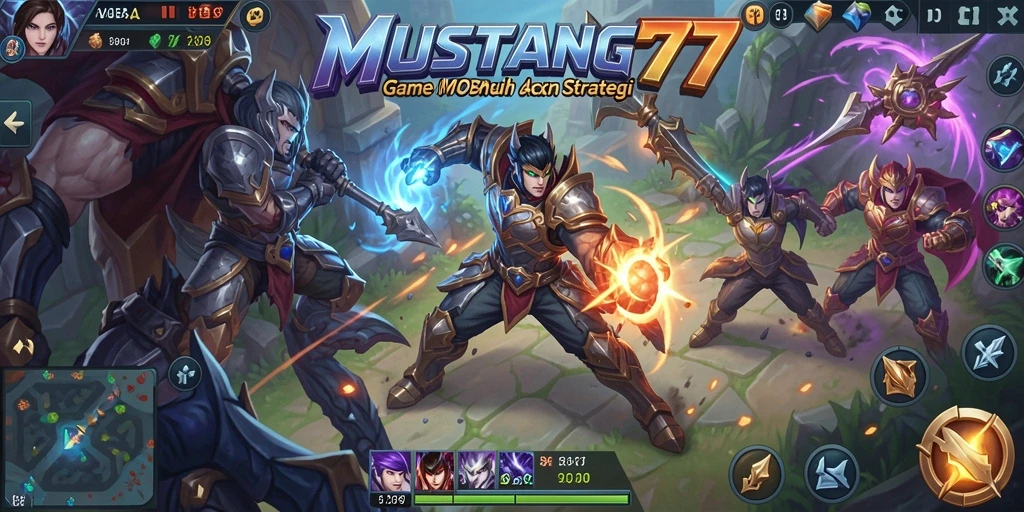 Tampilan gameplay seru dari MUSTANG77 dengan karakter unik dan strategi pertempuran.