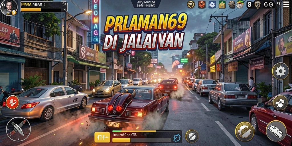 Tampilan mendebarkan dari gameplay balapan PREMAN69 di jalanan.